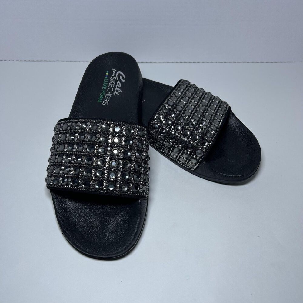 Skechers Slide Sandal Shoes Women's Size 8 Black Cali Luxe Foam Rhinestone - Picture 2 of 7